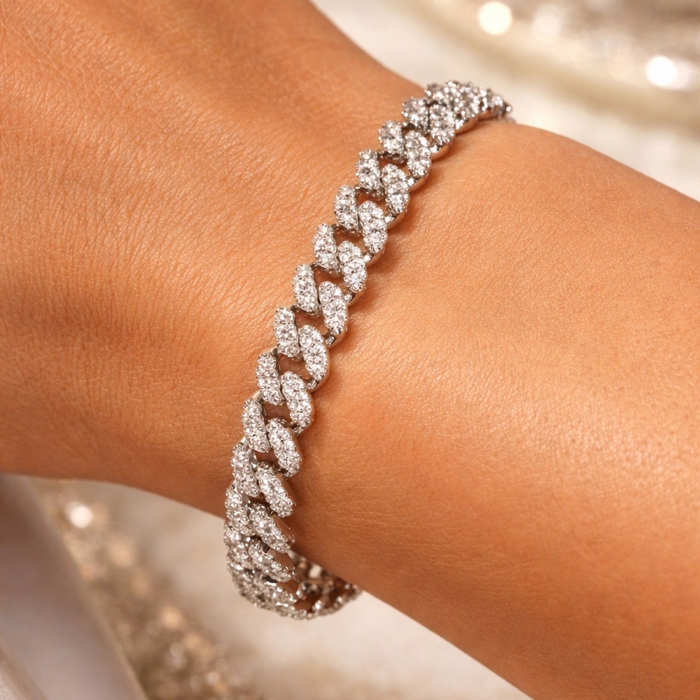 Ice Cuban Link Bracelet 925 Sterling Silver Large Size.